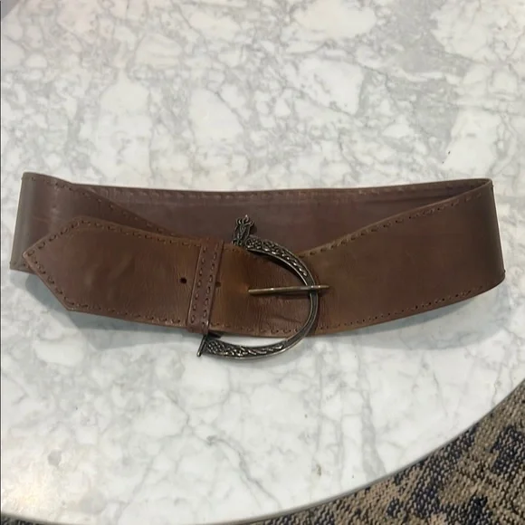 Alexander McQueen Brown Leather Silver Buckle Statement Belt Alexander McQueen Dark Brown Leather Triple Buckle Wide  main image 3